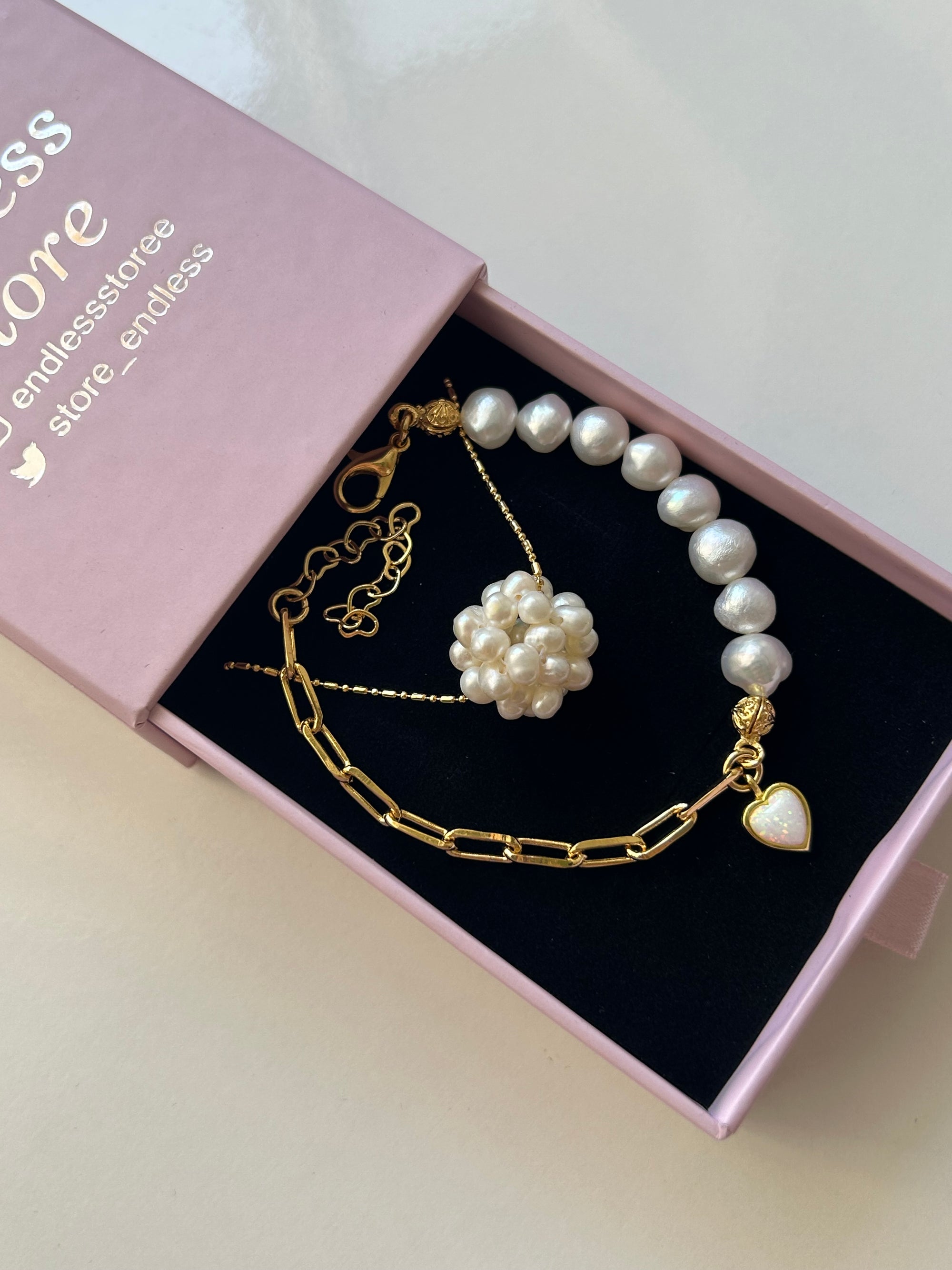 925 Ayar Gümüş Opal Doğaltaş Kalp Charm İnci/Zincir Bileklik