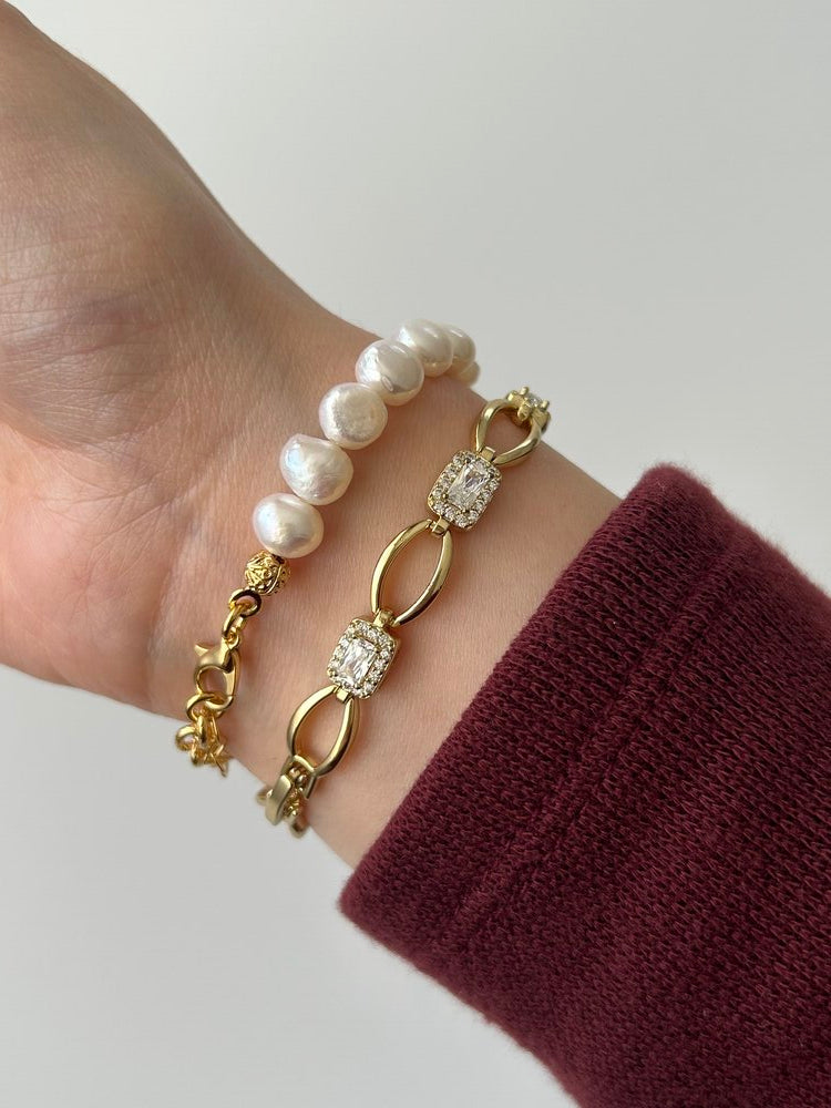 Beyaz Cam Charm İnci/Zincir Bileklik