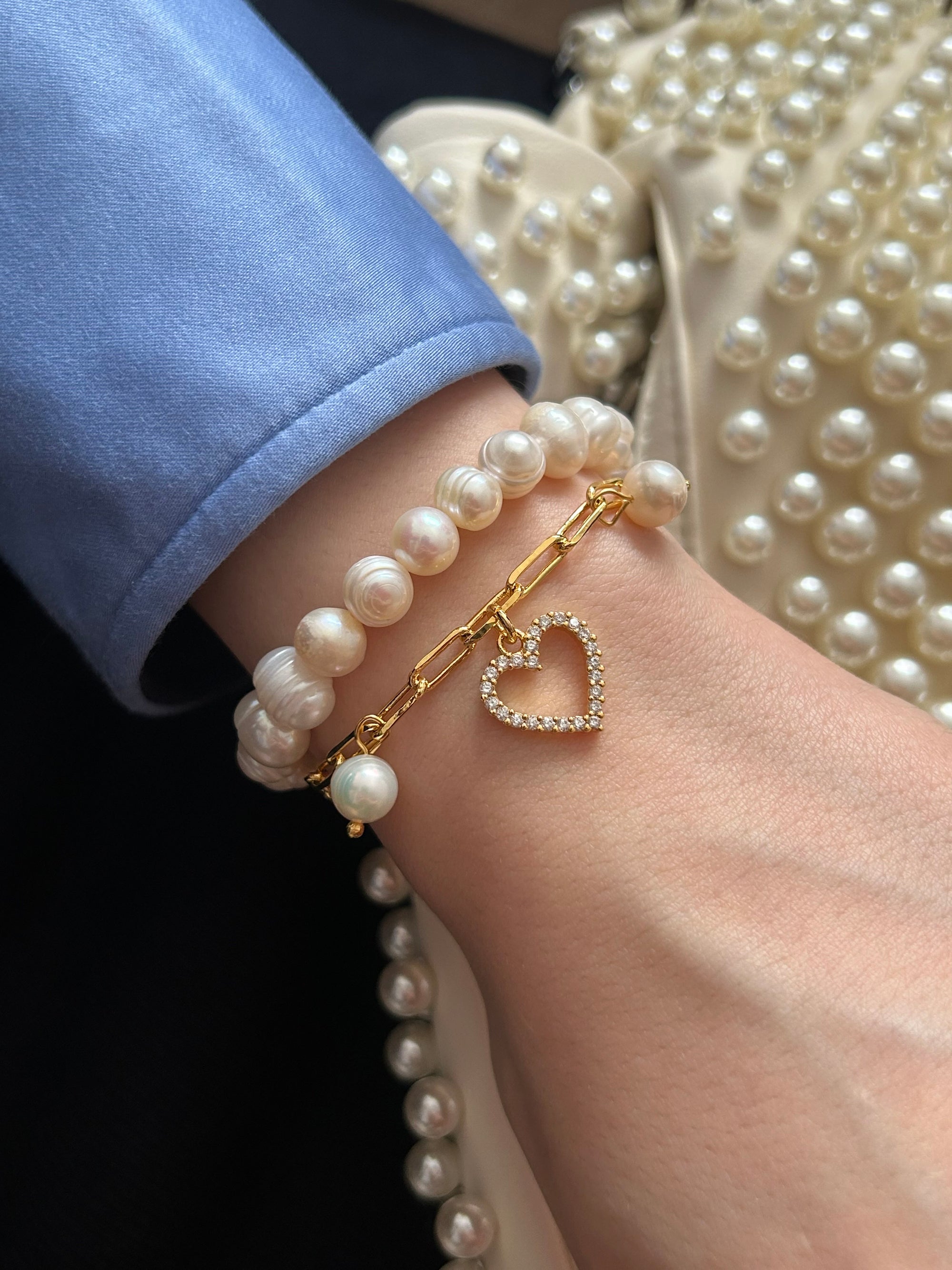 Zirkon Kalp/İnci Charm Zincir Bileklik