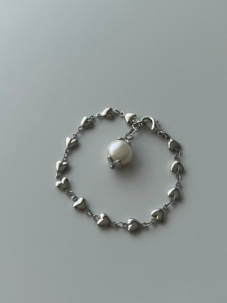 Silver İnci Charm Kalp Zincir Bileklik