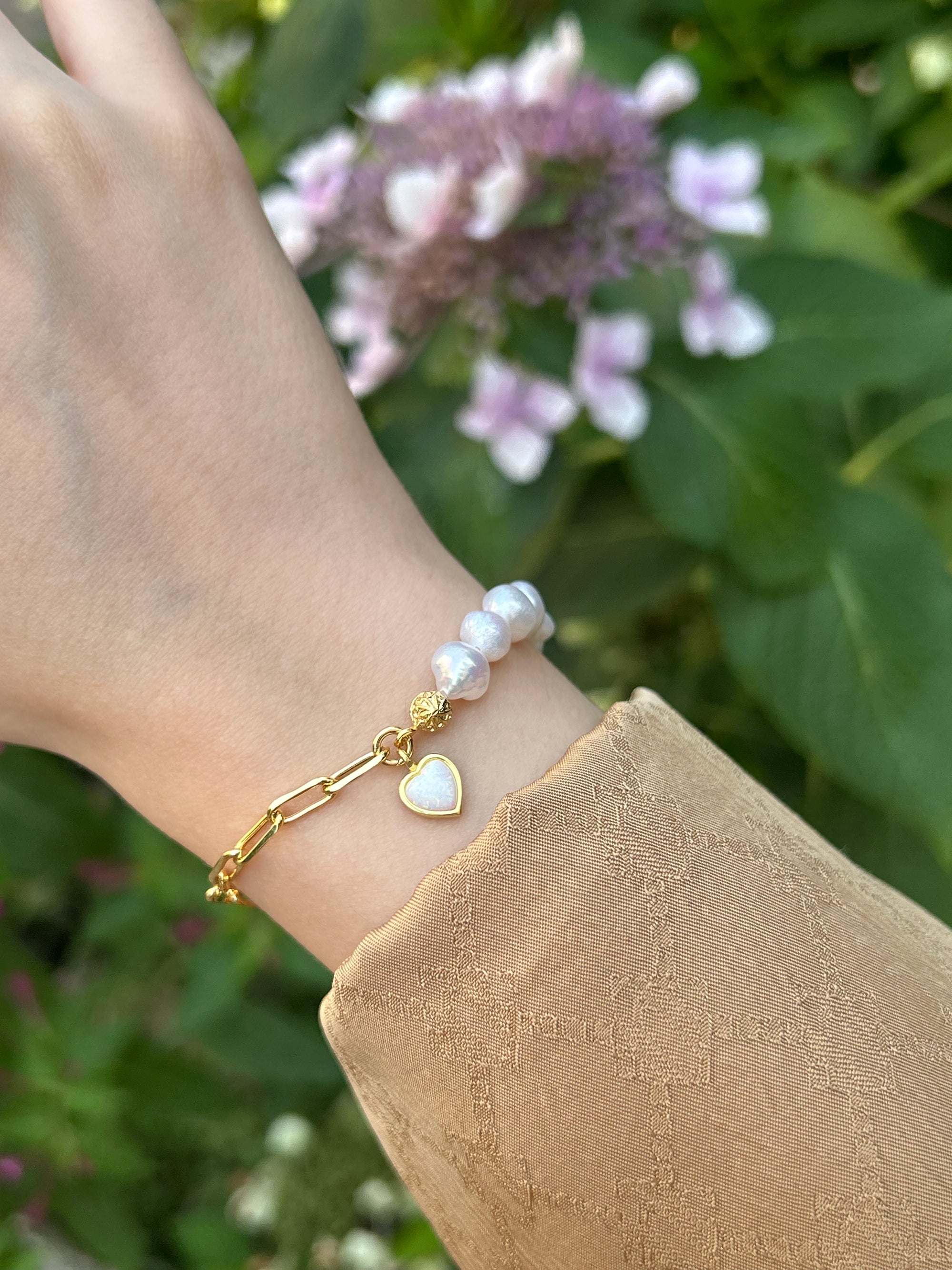 925 Ayar Gümüş Opal Doğaltaş Kalp Charm İnci/Zincir Bileklik