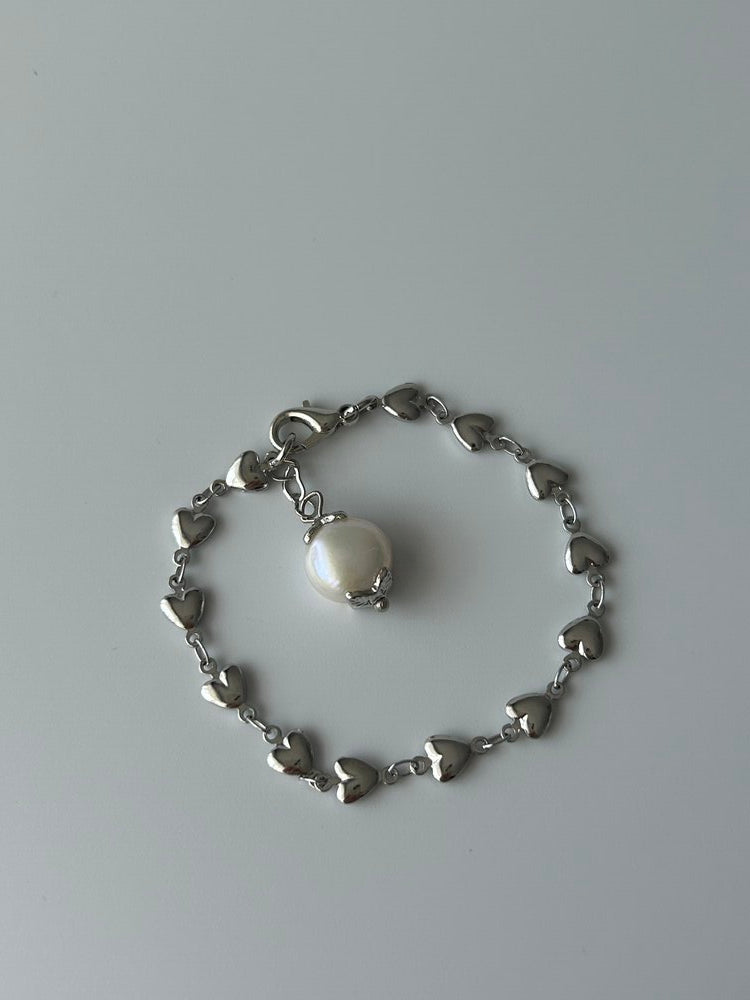 Silver İnci Charm Kalp Zincir Bileklik