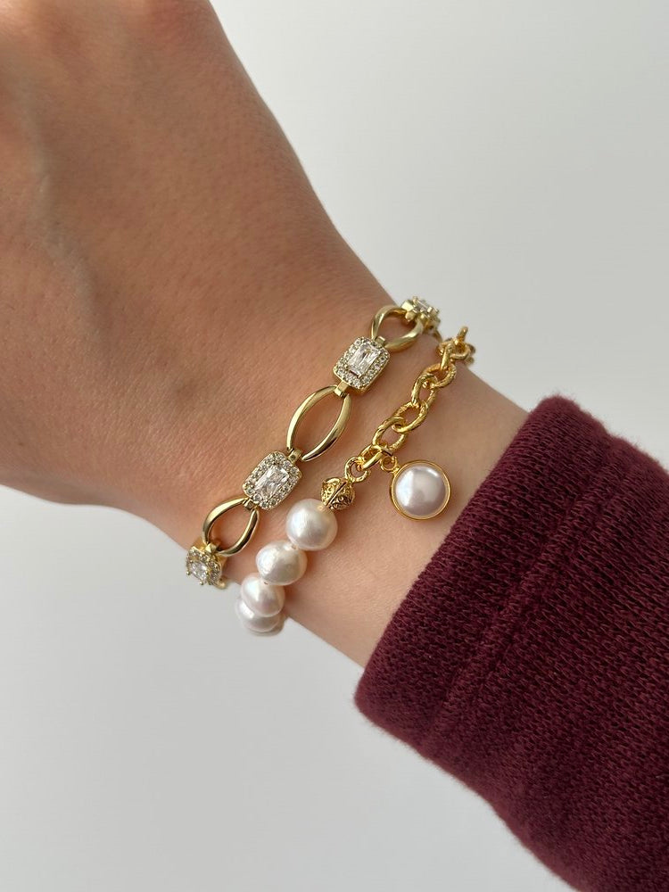 Beyaz Cam Charm İnci/Zincir Bileklik