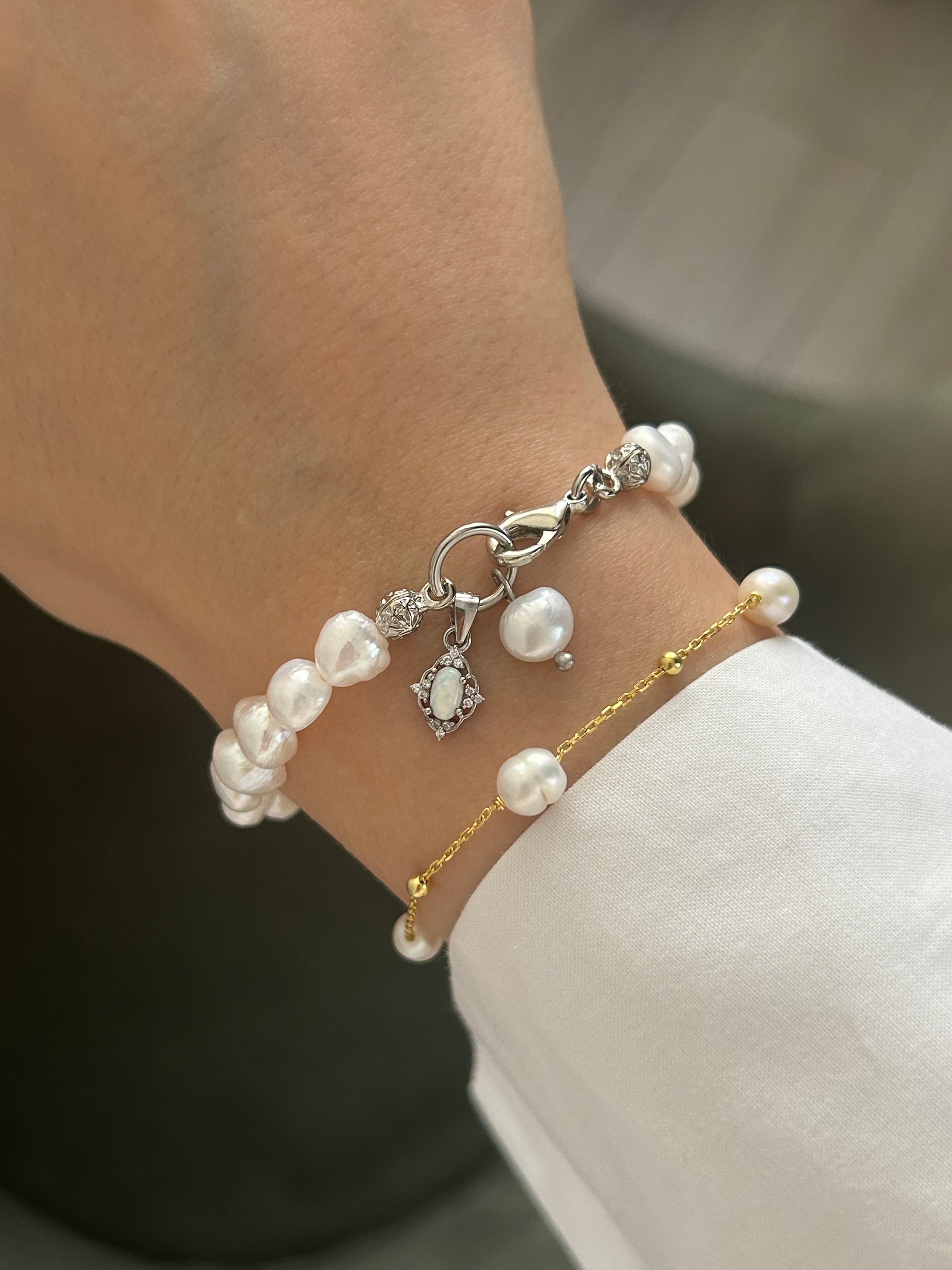 925 Ayar Gümüş Opal Doğaltaş Charm İnci Bileklik