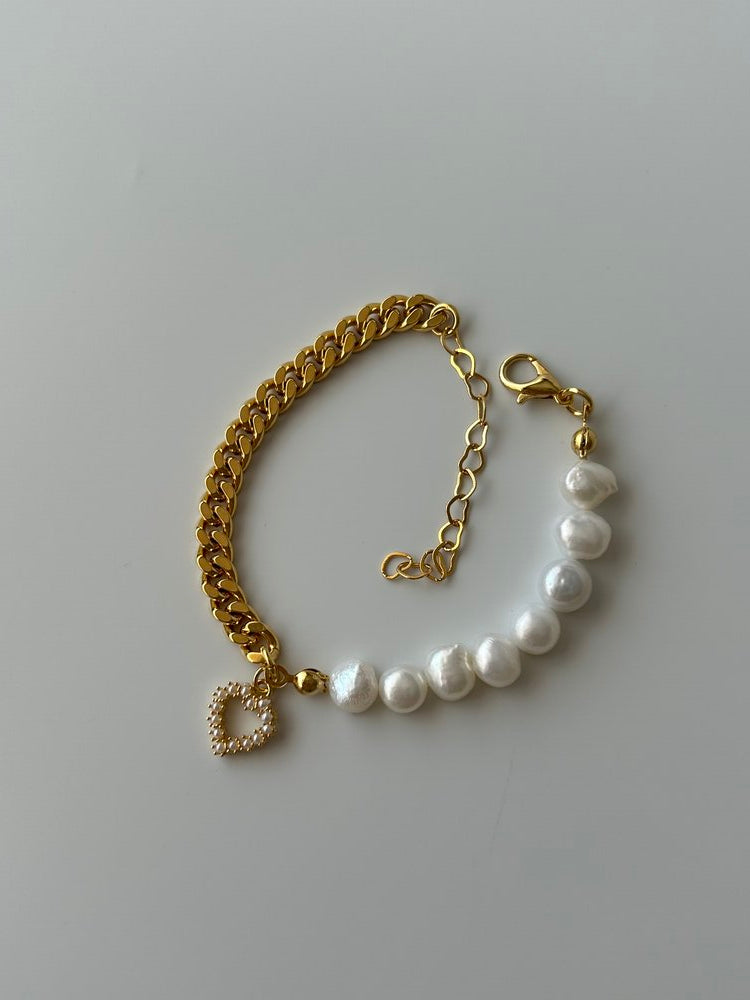 İncili Kalp Charm İnci/Zincir Bileklik