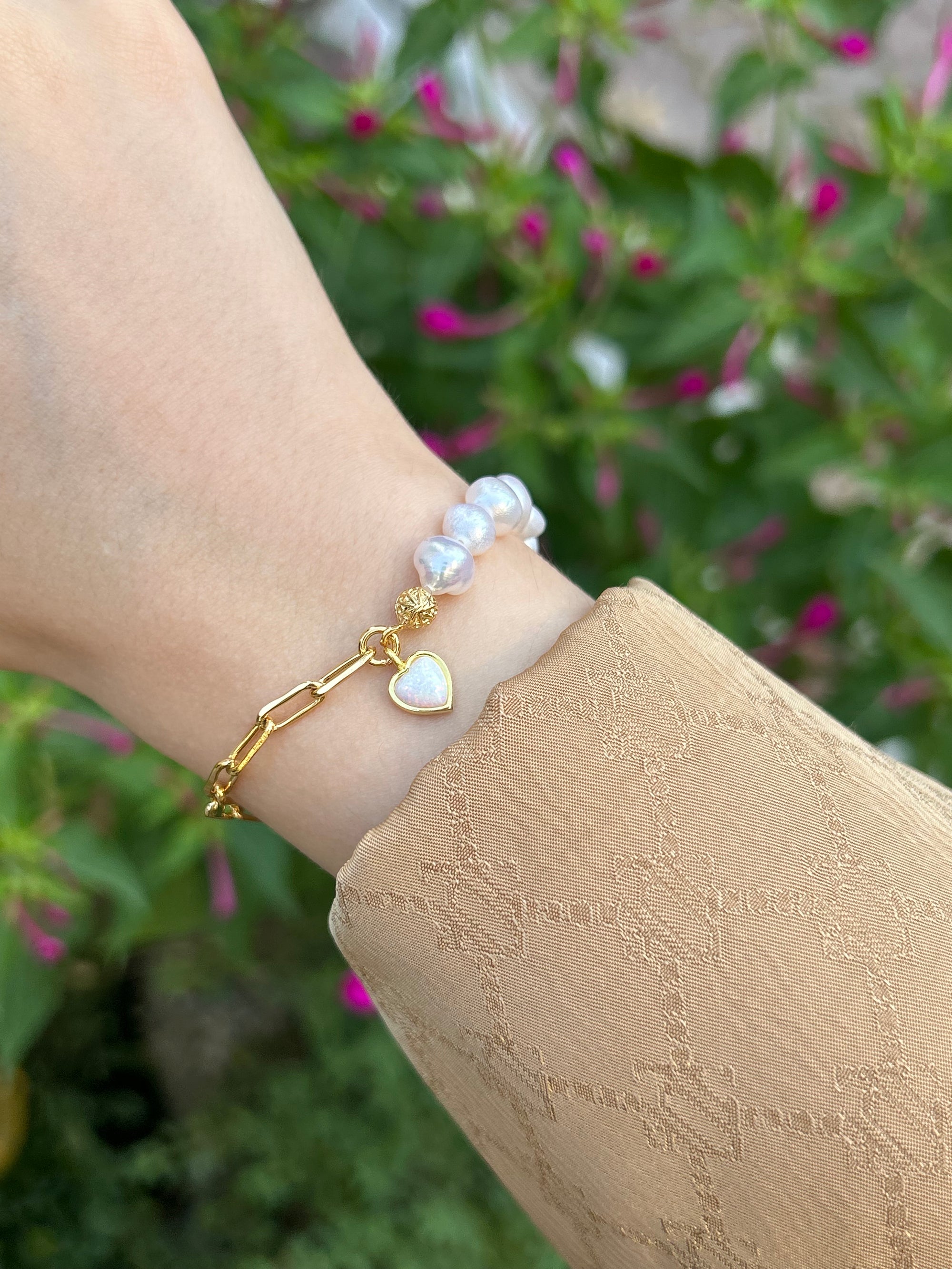 925 Ayar Gümüş Opal Doğaltaş Kalp Charm İnci/Zincir Bileklik