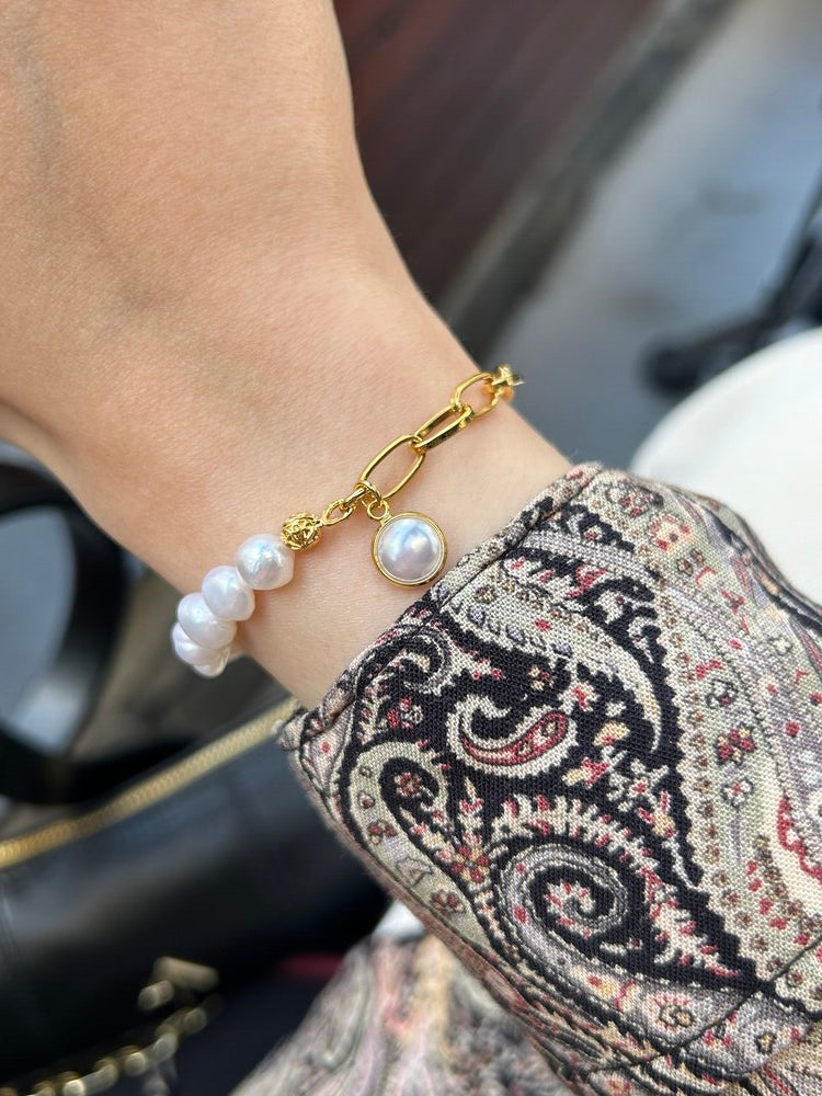 Beyaz Cam Charm İnci/Zincir Bileklik