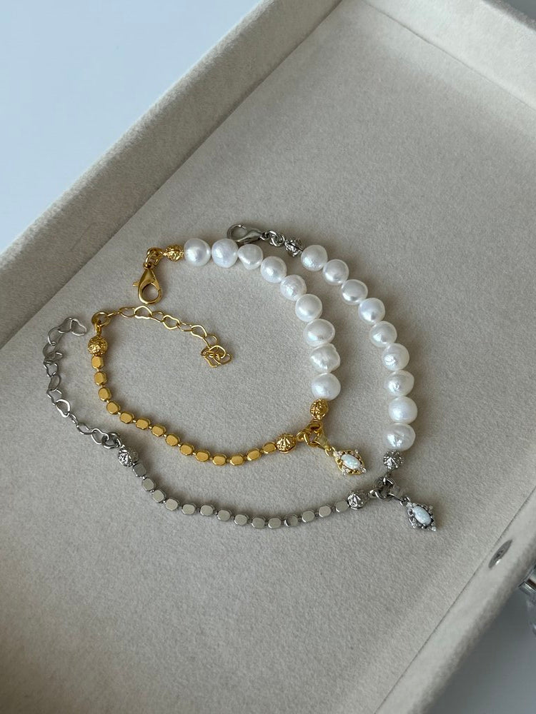 925 Ayar Gümüş Opal Doğaltaş Charm İnci/Zincir Bileklik
