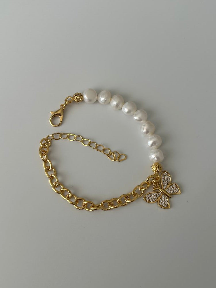Zirkon Kelebek Charm İnci/Zincir Bileklik