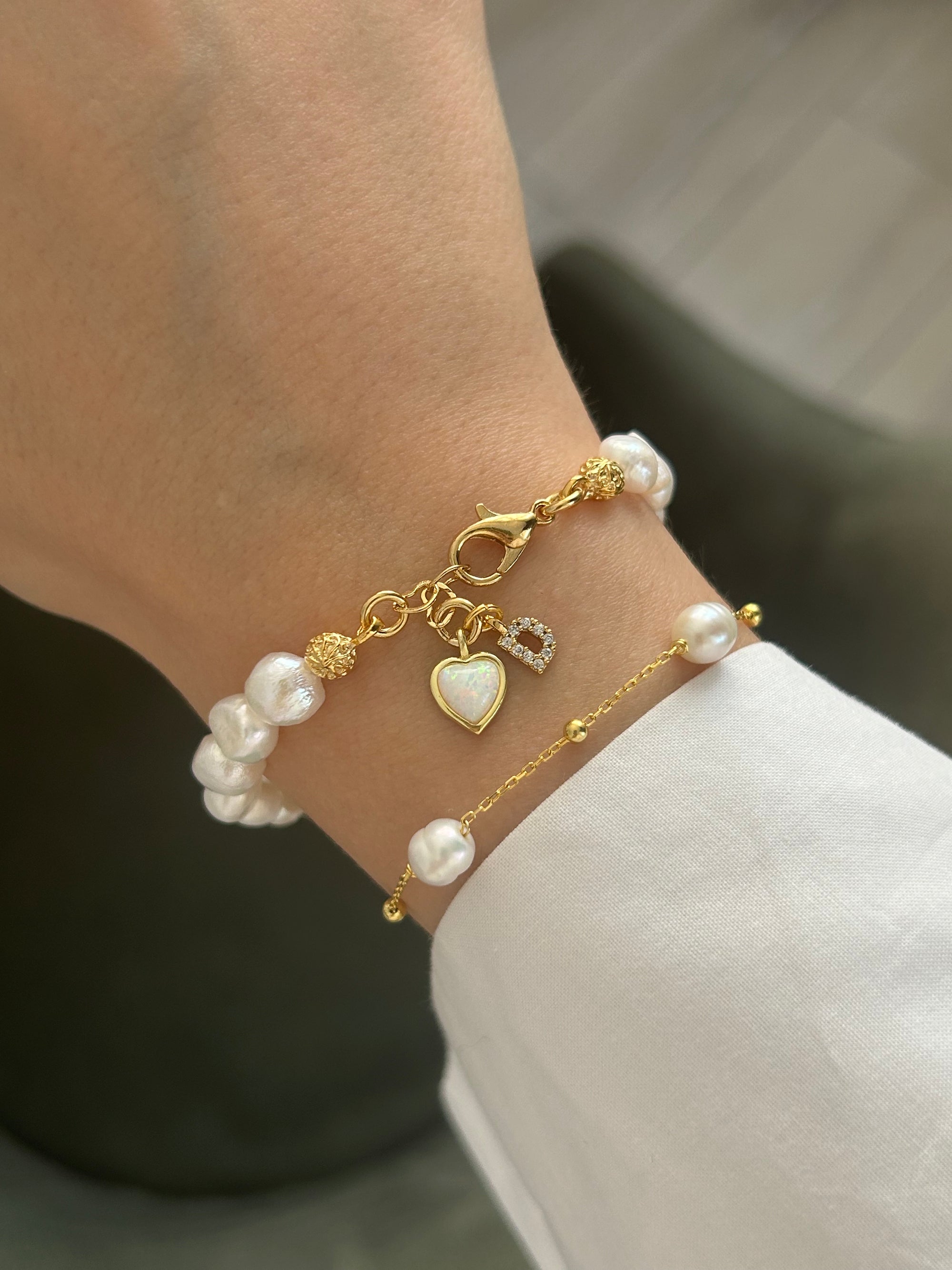 925 Ayar Gümüş Opal Doğaltaş Kalp Charm İnci Bileklik