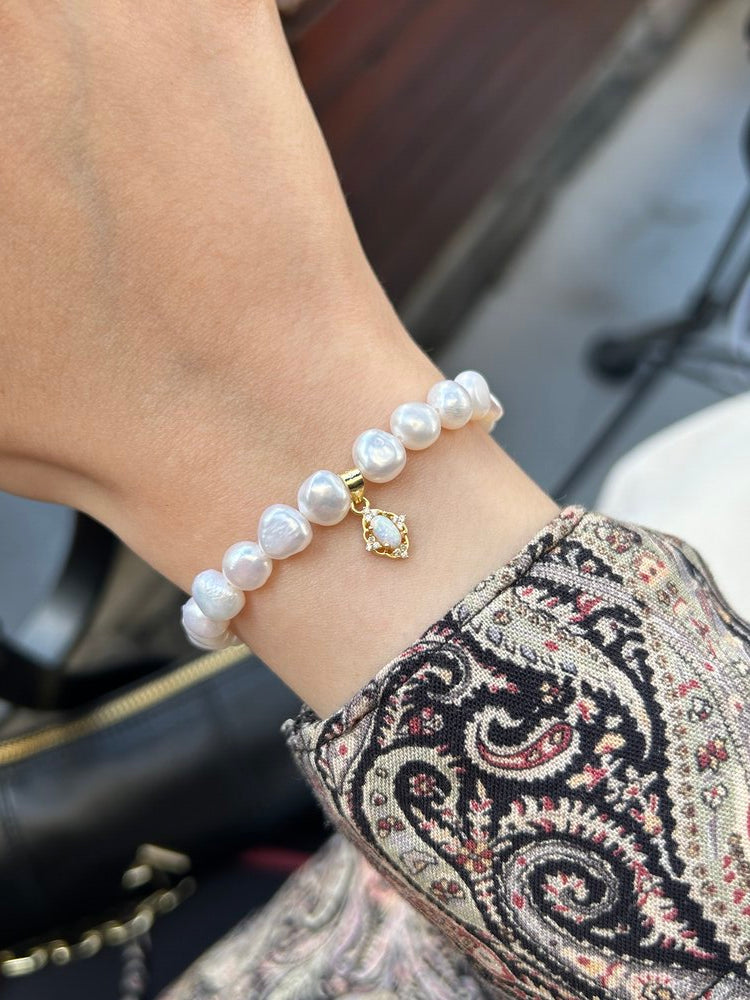 925 Ayar Gümüş Opal Doğaltaş Charm İnci Bileklik