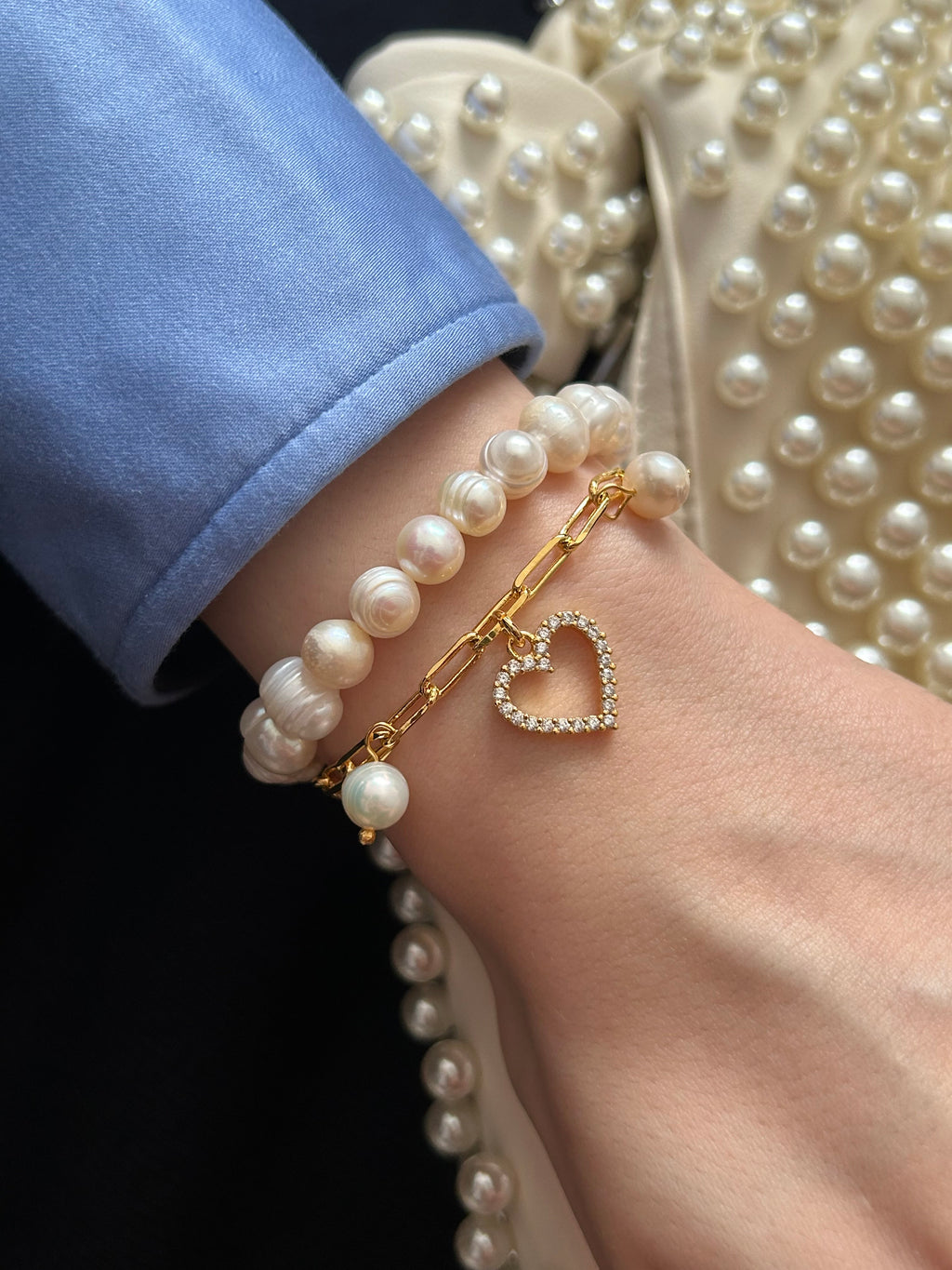 Zirkon Kalp/İnci Charm Zincir Bileklik