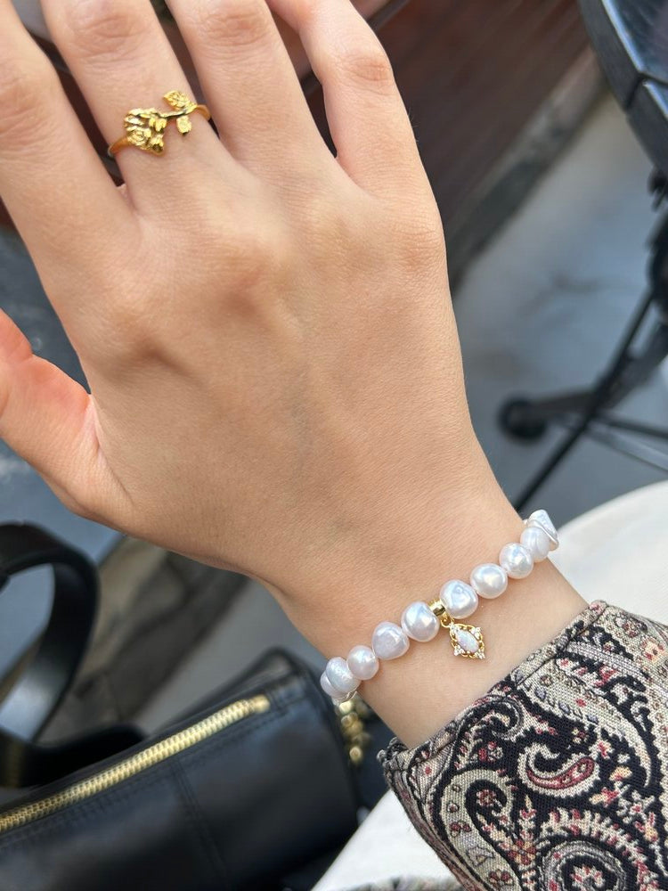 925 Ayar Gümüş Opal Doğaltaş Charm İnci Bileklik