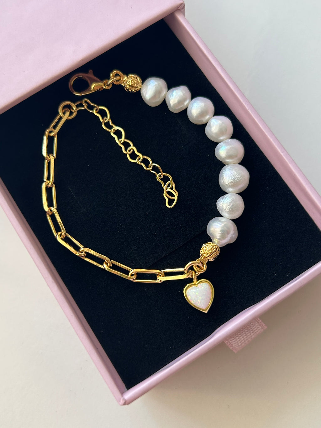 925 Ayar Gümüş Opal Doğaltaş Kalp Charm İnci/Zincir Bileklik